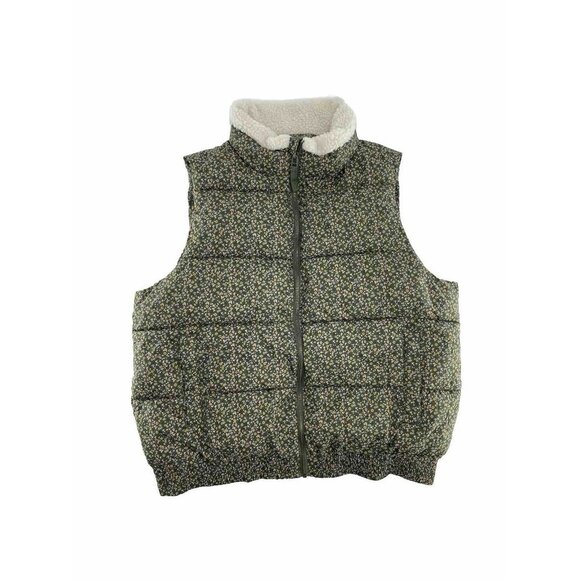 Universal Thread Womens Puffer Vest Sherpa Collar Green Micro Floral Size L - Picture 1 of 10